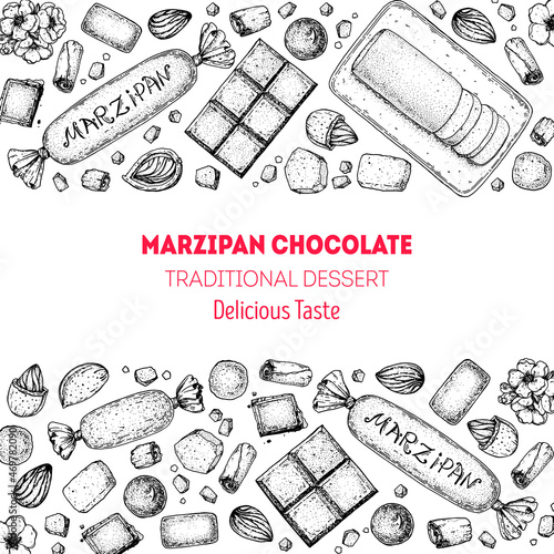 Marzipan cooking and ingredients for marzipan, sketch illustration. Almond nut and almond products. Vector illustration. Christmas sweet food frame. Design elements. Hand drawn, package design