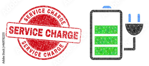 Lowpoly polygonal charge battery icon illustration with Service Charge grunge seal imitation. Red seal includes Service Charge tag inside circle it. Charge battery icon filled with triangles.