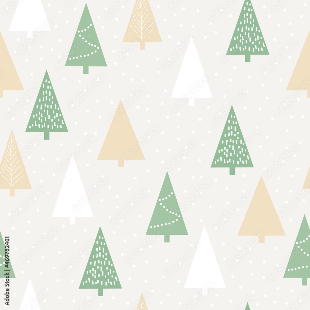 Seamless Christmas pattern. cute white, yellow and green Christmas trees on a white background. vector texture. fashionable print for textiles and packaging.