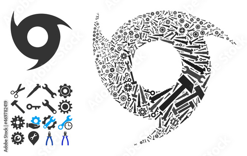 Repair service cyclone mosaic of tools. Vector cyclone is shaped of gears, wrenches, and other tools, and based on cyclone icon. Abstraction of industrial job.