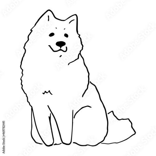 White cute smiling samoyed dog hand drawn vector illustration doodle sketch. Puppy cartoon character design outline. Concept for kids children print, poster design, wrapping paper, pattern