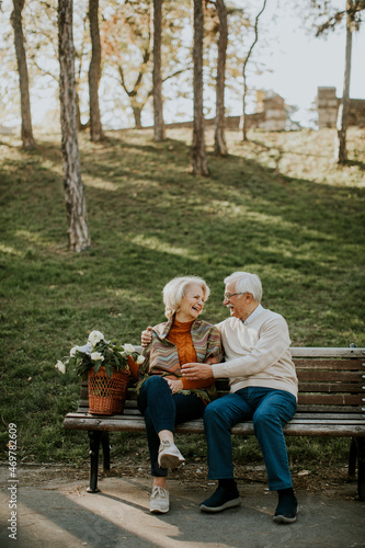 Senior couple sitting on the benchwith basket full of flowers and embracing