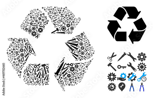Repair service recycle arrows mosaic of tools. Vector recycle arrows is composed of cogs, wrenches, and other tools, and based on recycle arrows icon. Abstraction of mechanic work.