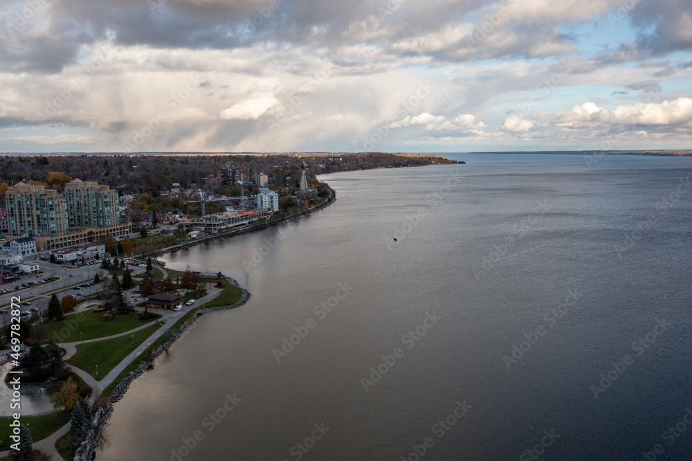 sunset fall Drone view of Barrie waterfront downtown with blue skies and clouds   