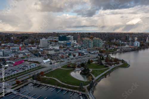 Fototapeta sunset fall Drone view of Barrie waterfront downtown with blue skies and clouds
