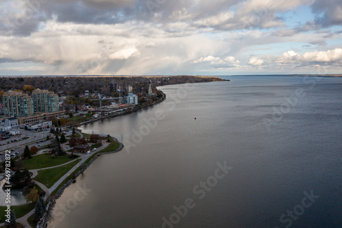 sunset fall Drone view of Barrie waterfront downtown with blue skies and clouds 