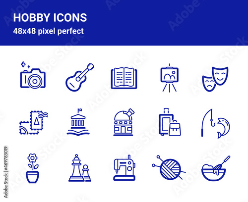 Simple set of related outline icons on white background for web design. Contains such icons as painting, history, fishing, floriculture and more. 48x48 pixel perfect.  Editable blue stroke.