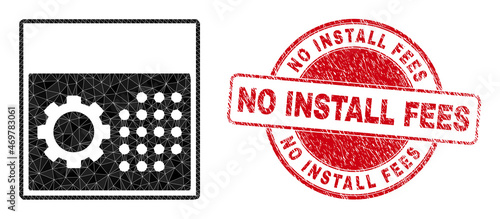 Lowpoly triangulated calendar settings icon illustration with No Install Fees rubber stamp seal. Red stamp seal has No Install Fees tag inside round shape.