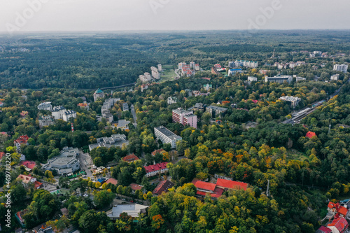 Panoramic aerial view of the city of Svetlogorsk, Kaliningrad region, green treetops, residential buildings.