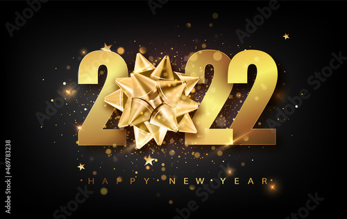 2021 Happy New Year vector background with golden gift bow, confetti, white numbers. Winter holiday greeting card design template. Christmas and New Year posters.