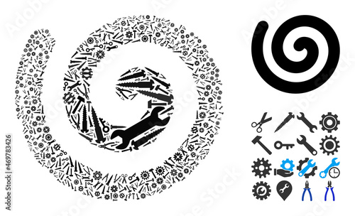 Service spiral mosaic of service tools. Vector spiral is composed of cogs, spanners, and other tools, and based on spiral icon. Abstraction of tuning service.