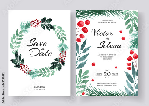Set of winter wedding cards with green foliage and red berries in loose watercolor style.