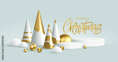 Christmas Realistic 3D trending backgrounds. 3D geometric minimalistic Christmas trees decoration for flyer, banner, advertisement. Vector illustration