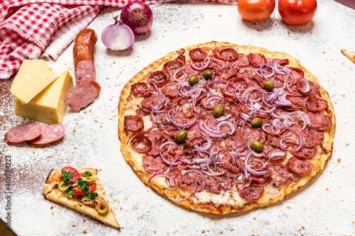 Delicious Pizza Classic Homemade Tomato Sauce Sausage Cheese Onion Meat Pasta Shrimp Restaurant Menu Gourmet on a wooden table