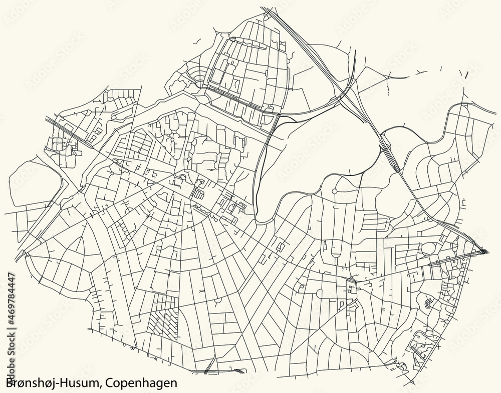 Detailed navigation urban street roads map on vintage beige background of the quarter Brønshøj-Husum District of the Danish capital city of Copenhagen Municipality, Denmark