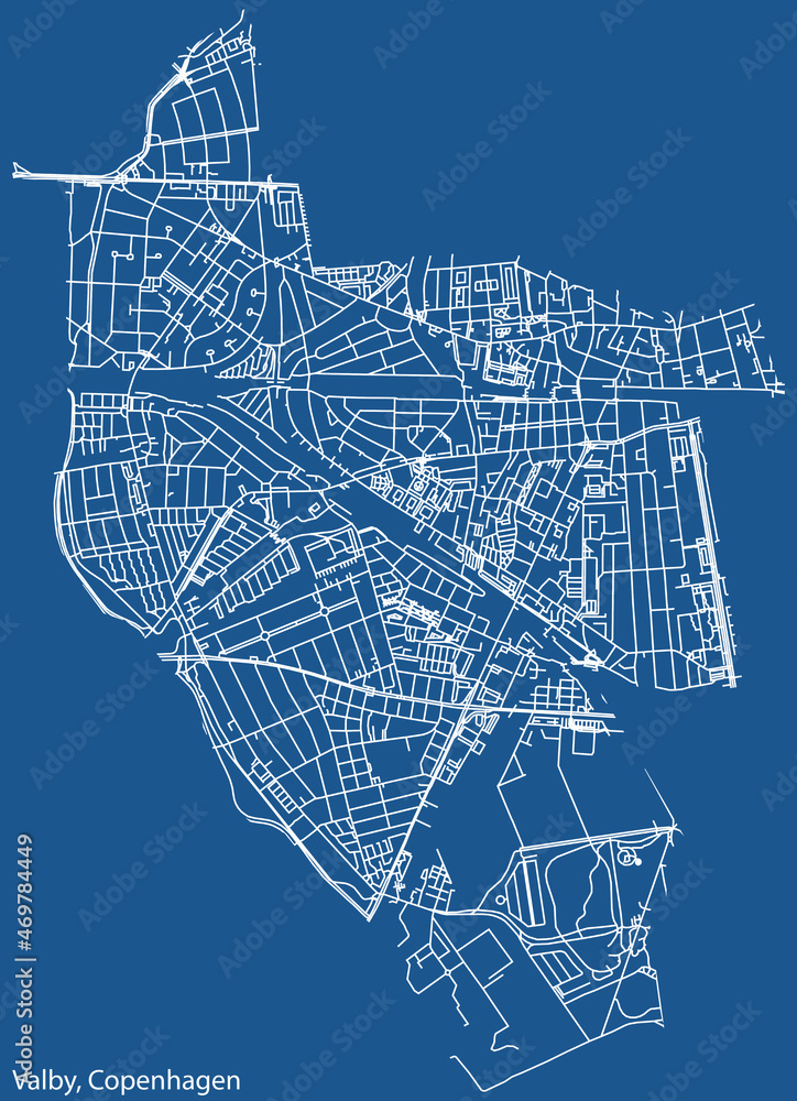 Detailed navigation urban street roads map on vintage beige background of the quarter Valby District of the Danish capital city of Copenhagen Municipality, Denmark