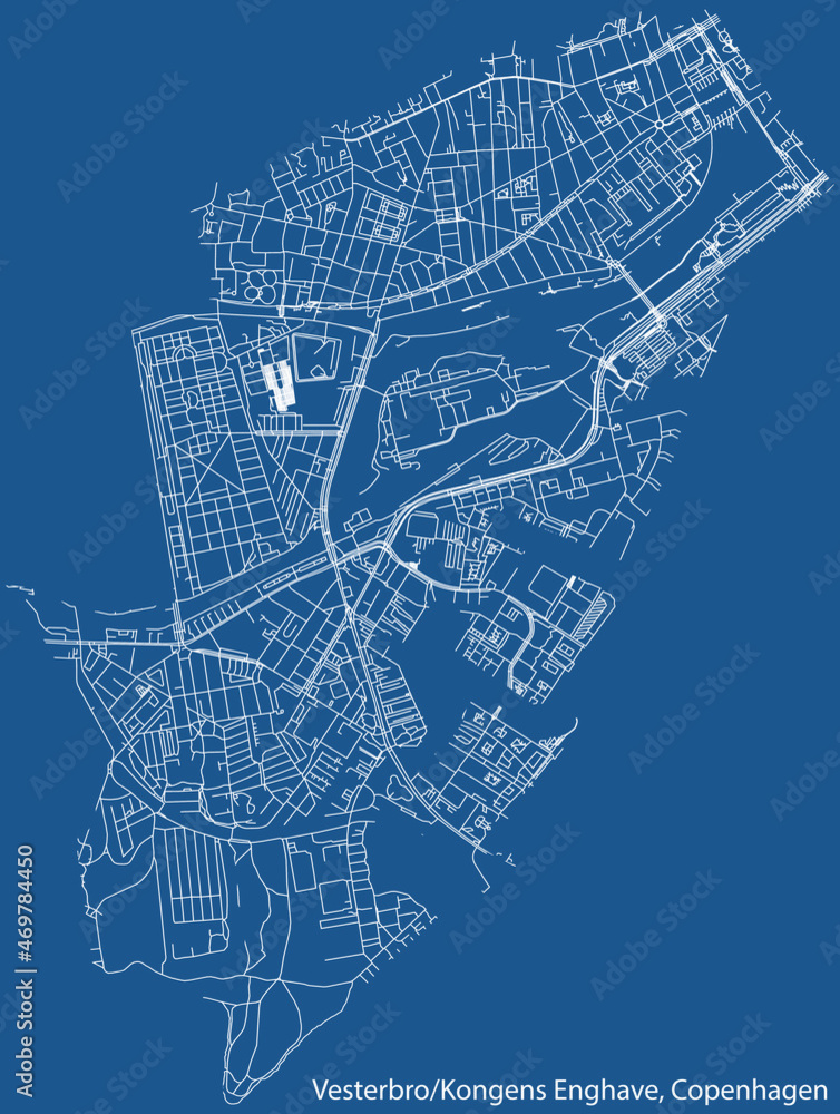 Detailed navigation urban street roads map on vintage beige background of the quarter Vesterbro/Kongens Enghave District of the Danish capital city of Copenhagen Municipality, Denmark