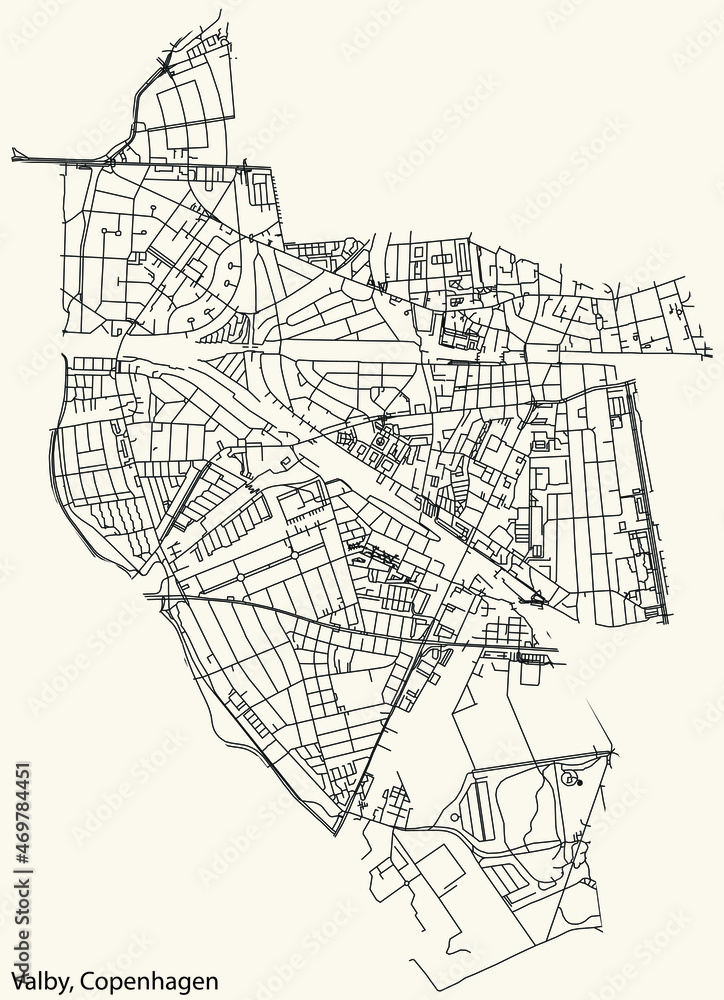Naklejka premium Detailed navigation urban street roads map on vintage beige background of the quarter Valby District of the Danish capital city of Copenhagen Municipality, Denmark