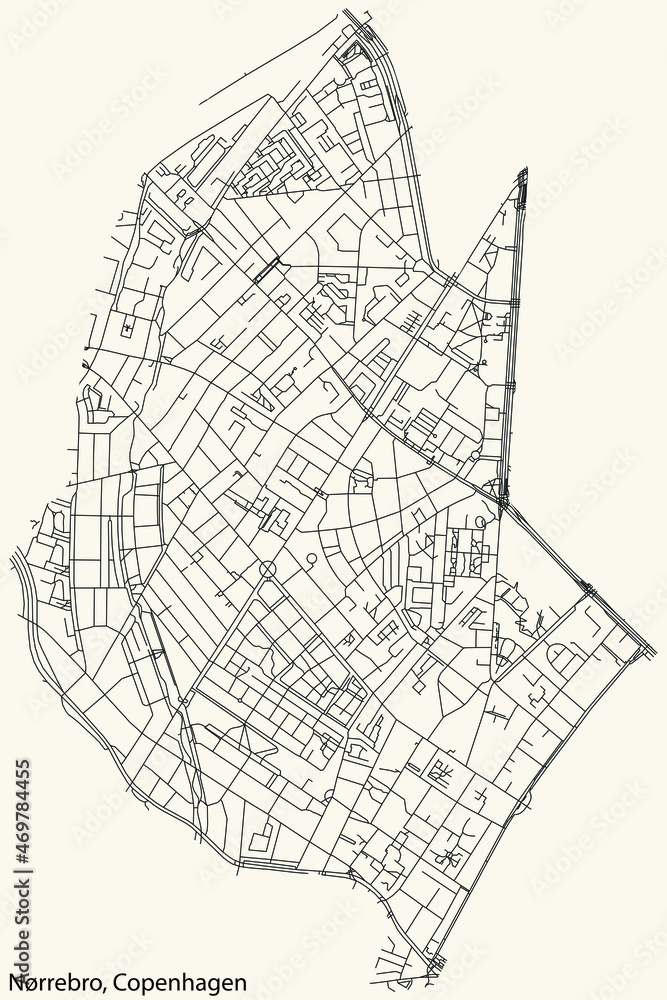 Detailed navigation urban street roads map on vintage beige background of the quarter Nørrebro District of the Danish capital city of Copenhagen Municipality, Denmark