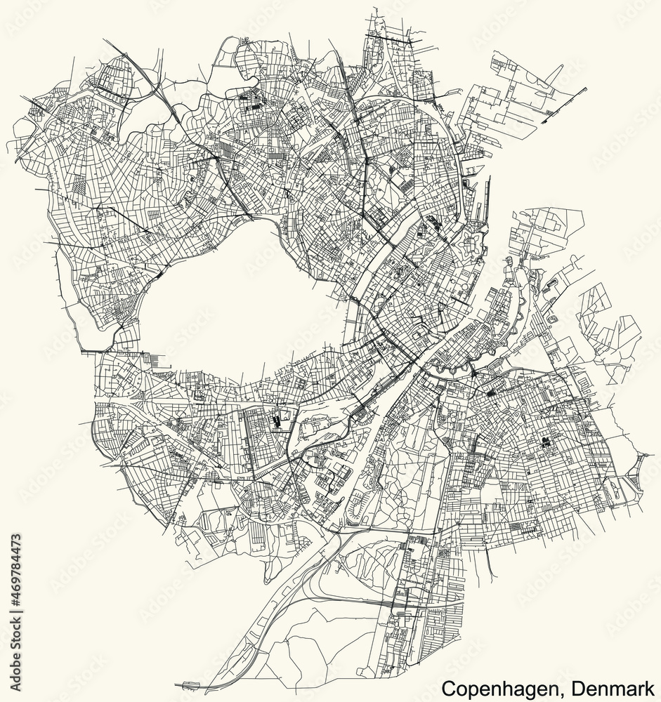 Fototapeta premium Detailed navigation urban street roads map on vintage beige background of the Danish capital city of Copenhagen Municipality, Denmark