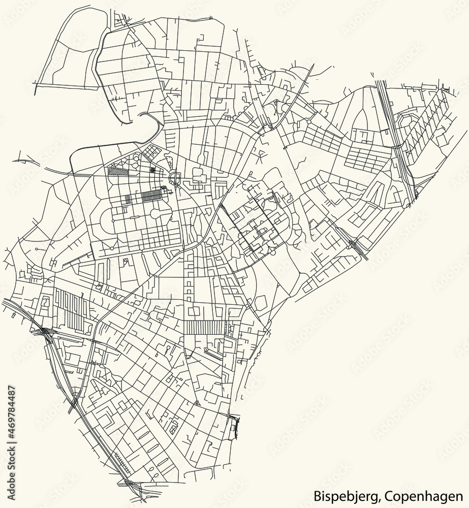 Detailed navigation urban street roads map on vintage beige background of the quarter Bispebjerg District of the Danish capital city of Copenhagen Municipality, Denmark