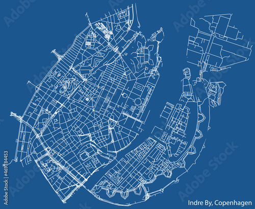 Detailed navigation urban street roads map on vintage beige background of the quarter Indre By District of the Danish capital city of Copenhagen Municipality, Denmark