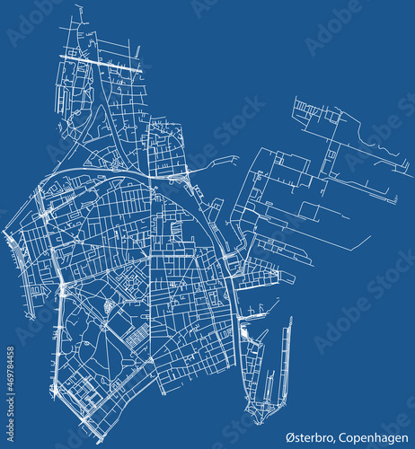 Detailed navigation urban street roads map on vintage beige background of the quarter Østerbro District of the Danish capital city of Copenhagen Municipality, Denmark