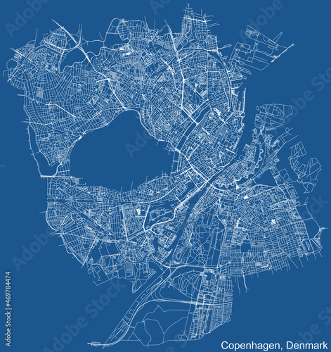 Detailed blue technical drawing navigation urban street roads map on blue background of Danish capital city of Copenhagen Municipality, Denmark