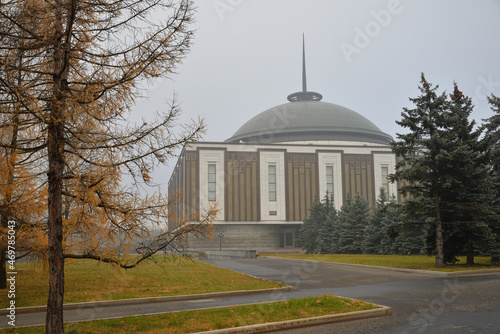 Museum of Victory in Poklonnaya Hill in autumn heavy fog, Moscow, Russia
