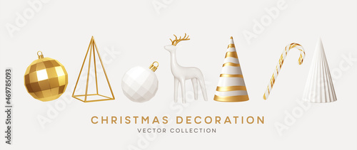 Christmas decorations vector collection. Set of realistic 3d white gold trendy decorations for christmas design isolated on white background. Christmas tree, deer, candy cane. Vector illustration