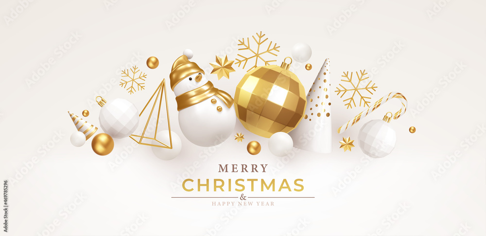 Christmas background with realistic white gold trending decorations for Christmas design isolated on white background. Christmas tree, star, snowman, candy cane, snowflake. Vector illustration - obrazy, fototapety, plakaty 