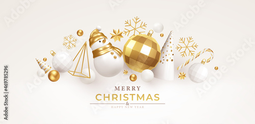 Christmas background with realistic white gold trending decorations for Christmas design isolated on white background. Christmas tree, star, snowman, candy cane, snowflake. Vector illustration