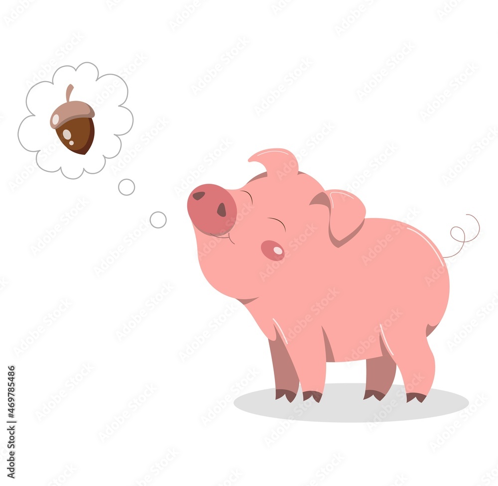 Obraz premium Animal with food concept. Cute pink pig smiles and dreams of delicious acorn. Wild character loves sweets. Design element for social networks, books and postcards. Cartoon flat vector illustration