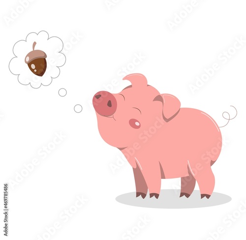 Animal with food concept. Cute pink pig smiles and dreams of delicious acorn. Wild character loves sweets. Design element for social networks, books and postcards. Cartoon flat vector illustration