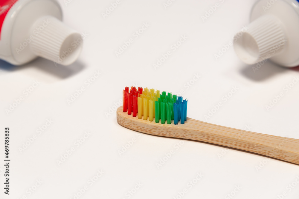 Toothpaste (tube) and wooden toothbrush. Toothpaste (tube) and wooden toothbrush.