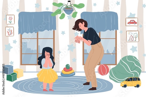 Vector cartoon flat mom character swears,yells at daughter,upset girl crying.Healthy family relationships,emotions,social behavior and psychology concept,web site banner ad design