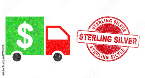 Low-Poly triangulated banking delivery icon illustration with Sterling Silver rubber watermark. Red stamp seal contains Sterling Silver tag inside circle it.