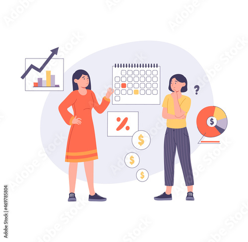 Banking service concept. Young woman in consultation with accountant or financial manager. Employee analyzes statistics and develops strategy to increase profits. Cartoon flat vector illustration