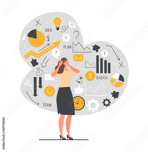 Business decisions mess. Young female entrepreneur cannot solve problems. Employee has lost focus on goal and achieving success. Chaos in information data. Cartoon modern flat vector illustration