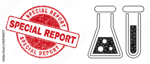 Low-Poly polygonal chemical glassware 2d illustration, and Special Report dirty stamp. Red stamp includes Special Report text inside round form. Chemical glassware icon filled with triangle mosaic.