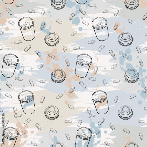 Open jar of medicine. Pills are scattered, hand-drawn in black and white, simple graphics. Vector illustration seamless pattern.