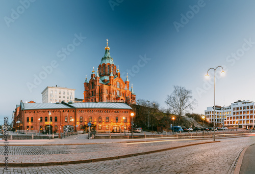 Helsinki, Finland. Uspenski Cathedral In Evening Illuminations Lights. Eastern Orthodox Cathedral Dedicated To Dormition Of The Theotokos - Virgin Mary