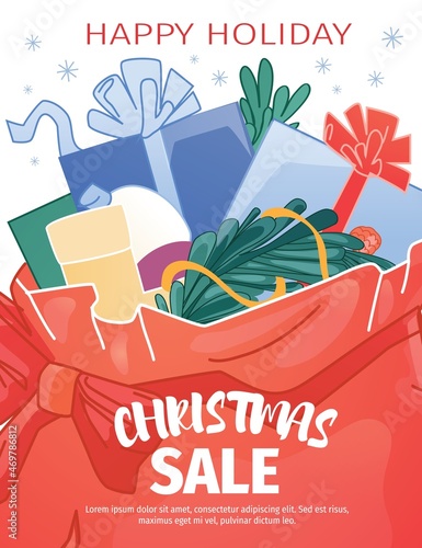 Christmas sale on happy holiday advertising poster template with gift santa sack bag vector illustration