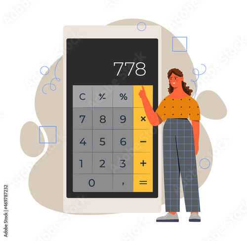 Calculator app concept. Young Woman counts money on device. Financial analyst develops strategy to increase revenue. Accountant controls company budget. Cartoon contemporary flat vector illustration