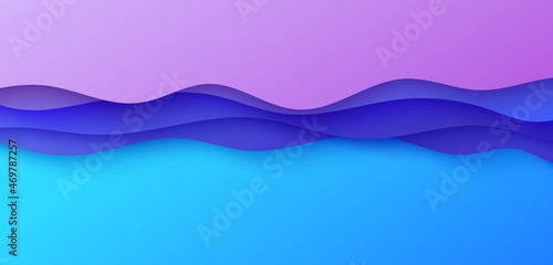 Abstract background in paper cut style. 3d pink purple gradient colors waves with smooth shadow. Vector card illustration with blue backdrop. Top view composition liquid papercut shapes border