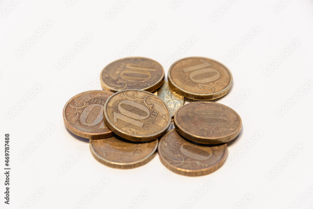 Coins on a white background. Russian money. 10 rubles. Coins on a white background. Russian money. 10 rubles.