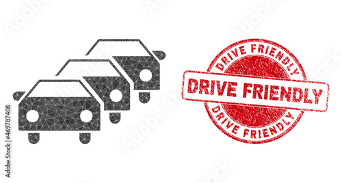 Low-Poly polygonal car traffic jam 2d illustration, and Drive Friendly dirty stamp. Red stamp seal includes Drive Friendly caption inside round shape. Car traffic jam icon is filled with triangles.