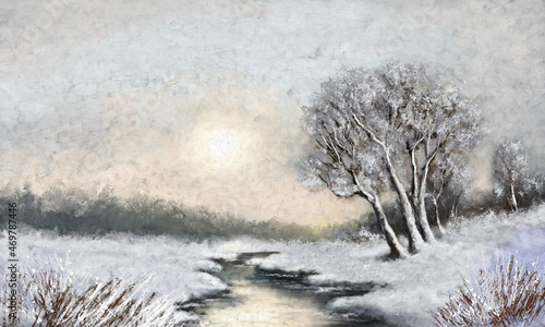 Winter paintings rural landscape with snow, frozen river in winter