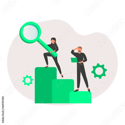 Man looking for something and woman hold magnifying glass or loupe. Business metaphore for search or research, development, web surfing. Trendy outline characters for web or ui design.