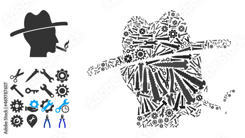 Repair service cigarette smoker collage of service tools. Vector cigarette smoker is done of gear wheels, spanners, and other tools, and based on cigarette smoker icon. Concept of mechanic workshop.